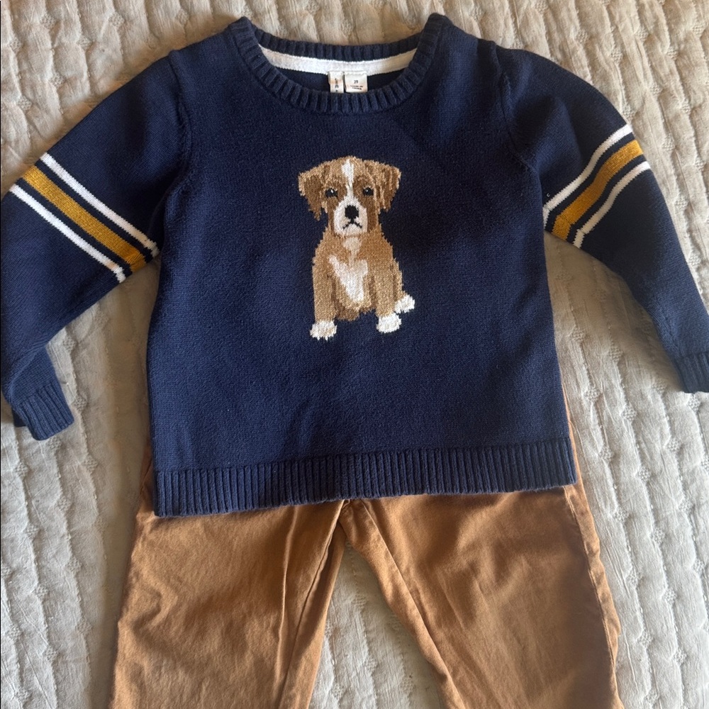 Janie and Jack dog sweater with H&M Tan Kids Matching Set